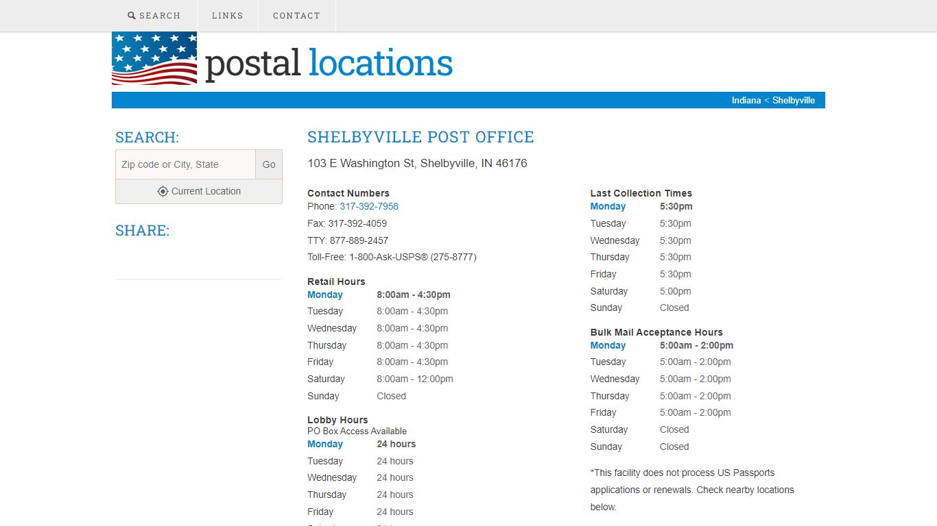 Post Office in Shelbyville, IN - Hours and Location - Postal Locations