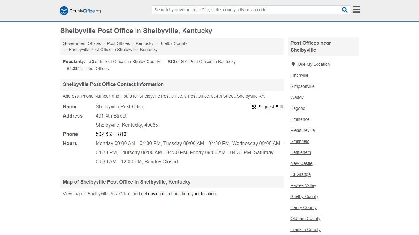 Shelbyville Post Office - Shelbyville, KY (Address, Phone, and Hours)