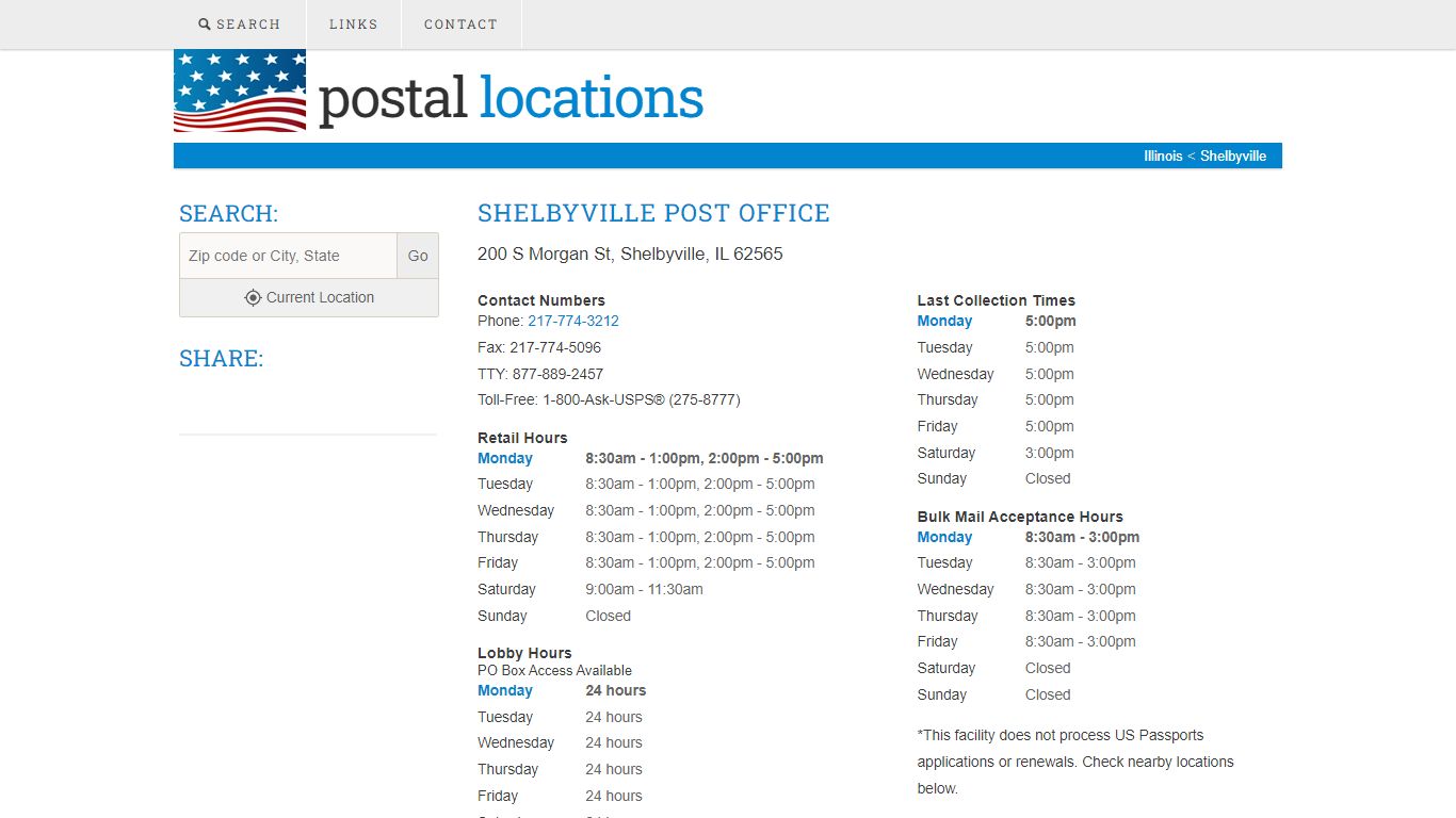Post Office in Shelbyville, IL - Hours and Location