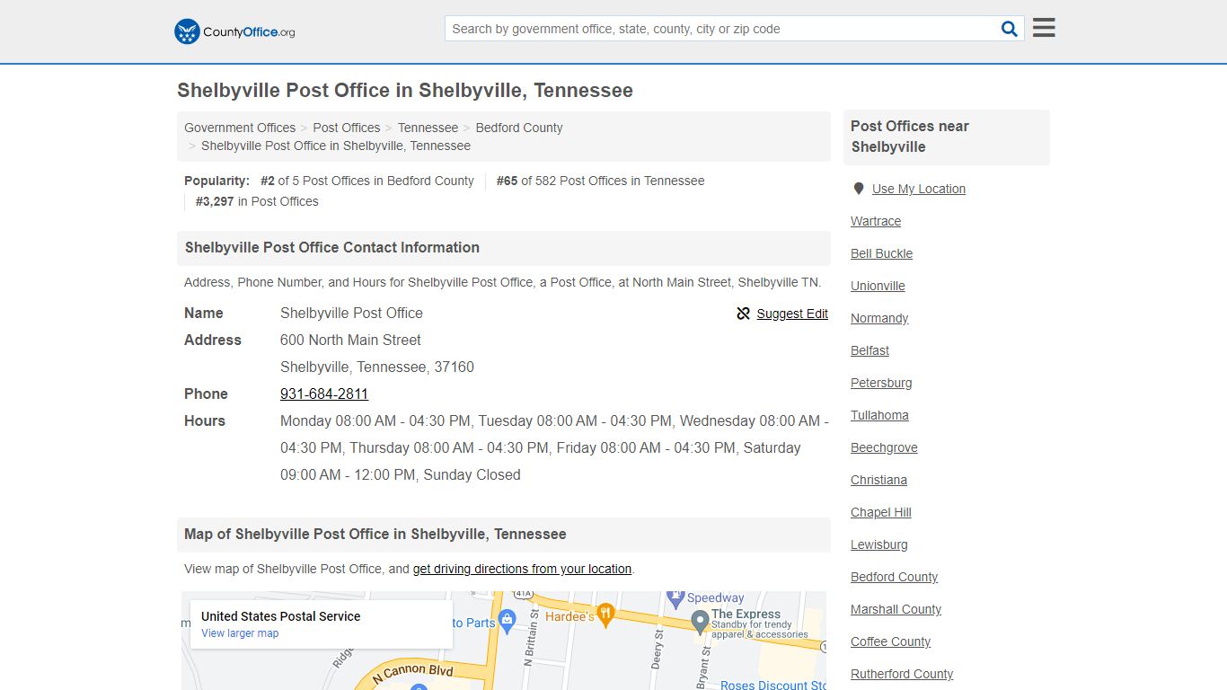 Shelbyville Post Office - Shelbyville, TN (Address, Phone, and Hours)